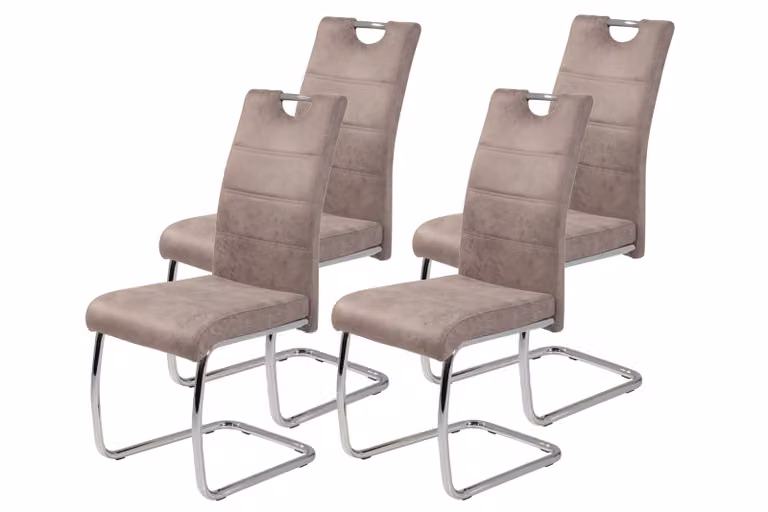 Hela Tische, set di 4 sedie per sala da pranzo a sbalzo Flora - rivestimento beige vintage - struttura in metallo tubolare cromato - portata 120 kg - schienale con maniglia