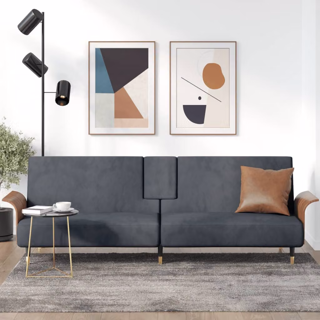 vidaXL Divano Letto Moderno in Velluto Grigio con Portabicchieri L: 224 cm, P: 89 cm, H: 70 cm
