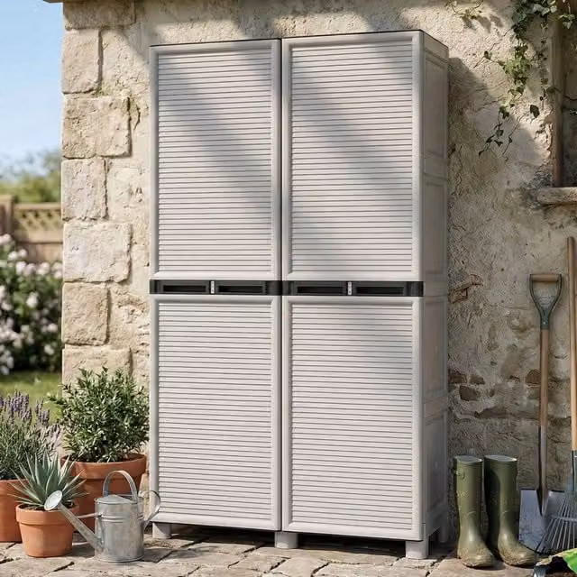 Armadio multiuso da esterno Allain DMORA in polipropilene con 2 ante e 3 ripiani, Grigio chiaro, L: 100 cm, P: 39 cm, H: 172 cm