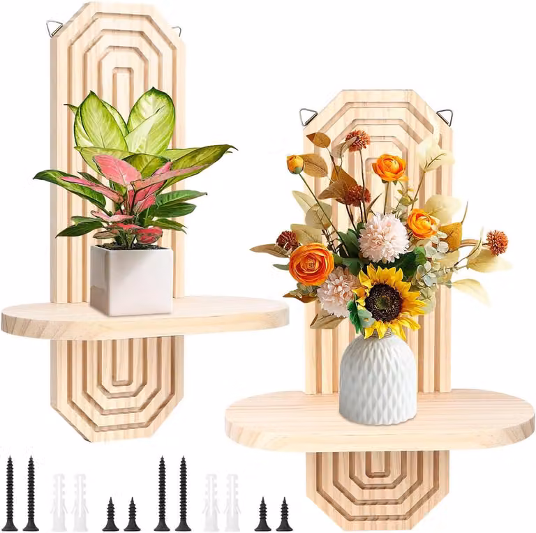 Mensole da parete in legno, stile bohémien, sospese, ottagonali, confezione da 2. Piccole mensole da parete in legno per la decorazione di camerette, uffici e soggiorni