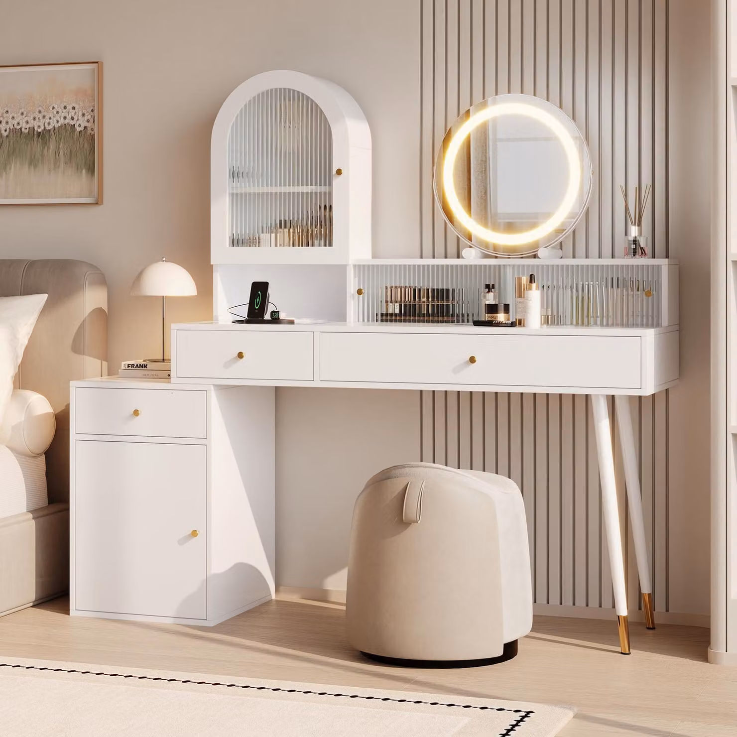 Comò da trucco Flieks con specchio a LED, comò con funzione di ricarica, comò da parrucchiere con armadietto e piano in vetro, 140x40x140 cm, bianco