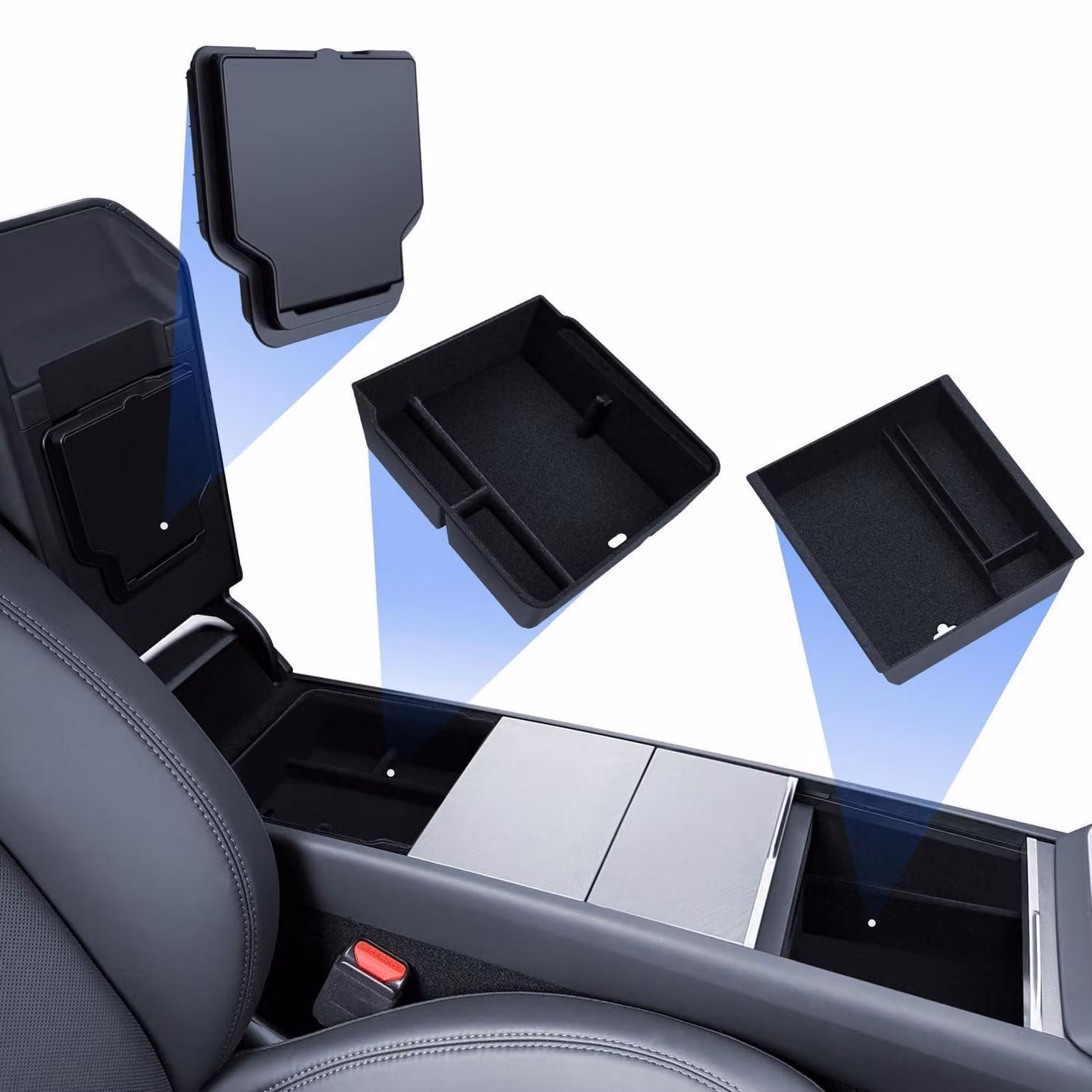 Accessori per Tesla Model Y 2025-2026 (kit di 3 pezzi): organizer per la console centrale "Juniper", vano portaoggetti integrato nell'appoggiabraccia, e contenitore nascosto (rivestito in tessuto)