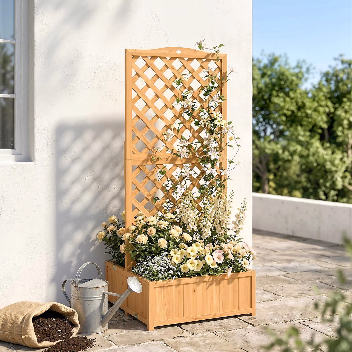 Fioriera Outsunny con grigliato e doppia cassetta pieghevole in legno naturale, H 170 x L 73 x P 70 cm – 2