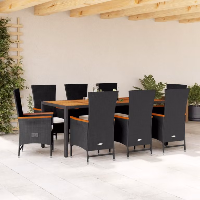 Set da pranzo da giardino vidaXL in polyrattan e legno di acacia con 9 pezzi e cuscini, nero e marrone