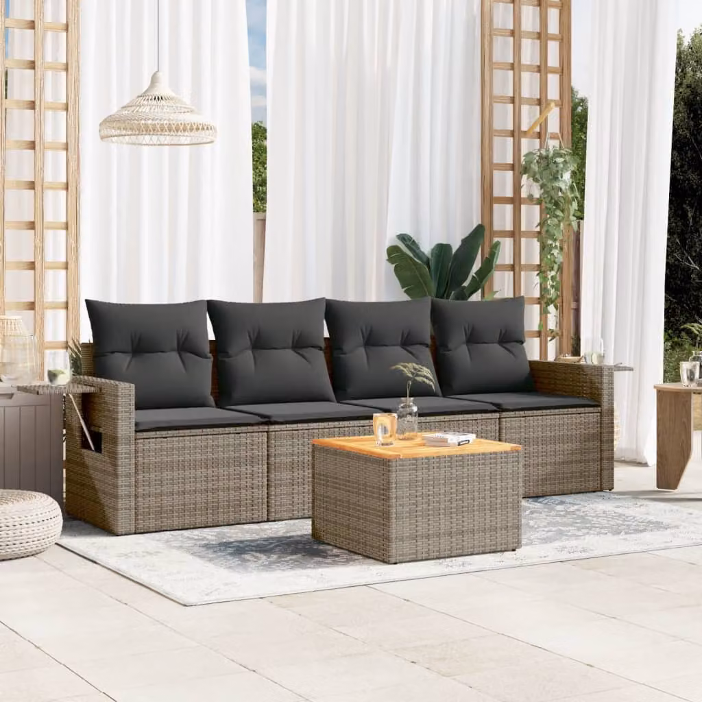vidaXL Set Divano da Giardino 5 pz in Polyrattan Grigio con Cuscini e Tavolino – 1