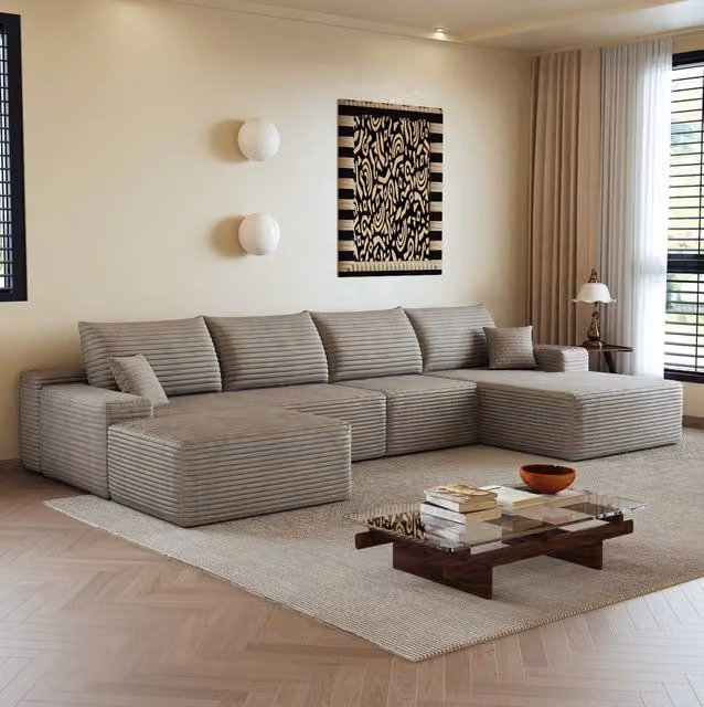 Divano angolare con chaise longue 340x175x83 cm in tessuto Camel