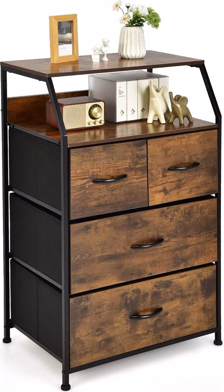 Cassettiera COSTWAY con 4 cassetti, credenza con 4 cassetti pieghevoli in tessuto e struttura in metallo, mobile contenitore industriale per soggiorno camera da letto, 60 x 39 x 96cm
