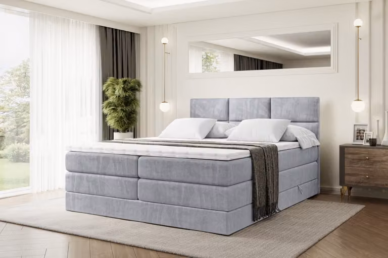Letto boxspring ALTDECOR con 2 materassi e topper - 180x200 cm - OHIO KING - Velluto grigio chiaro - Letto imbottito con materassi H3 e H4, contenitore e rete a doghe, letto con spazio di stivaggio