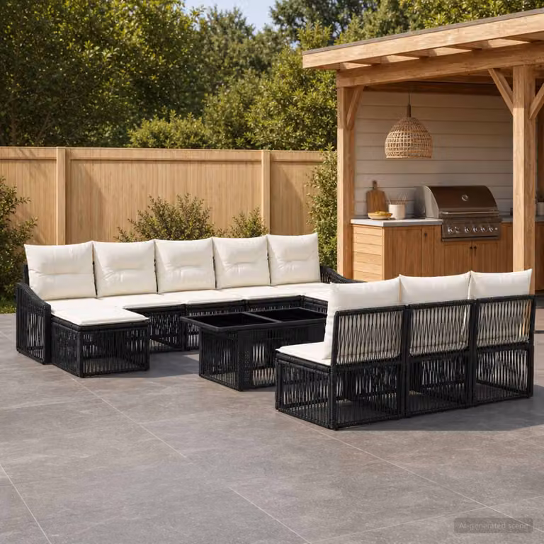 Set Divano da Giardino vidaXL 11 Pezzi in Polyrattan Nero e Bianco Crema con Cuscini e Tavolino in Vetro