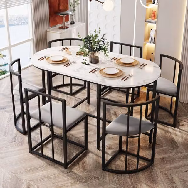 Set tavolo e sedie 140x80x76 cm in MDF bianco e nero, 6 posti