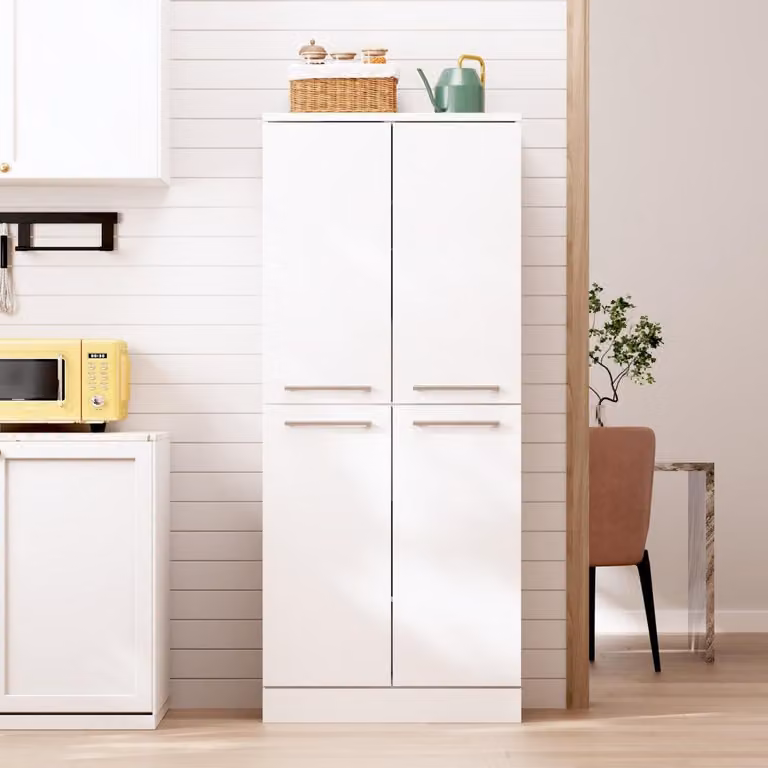 Mobile da cucina a colonna, bianco lucido, dispensa a 4 ante, design da frigorifero, ripiani regolabili in altezza, maniglie in metallo, 76x42x180 cm