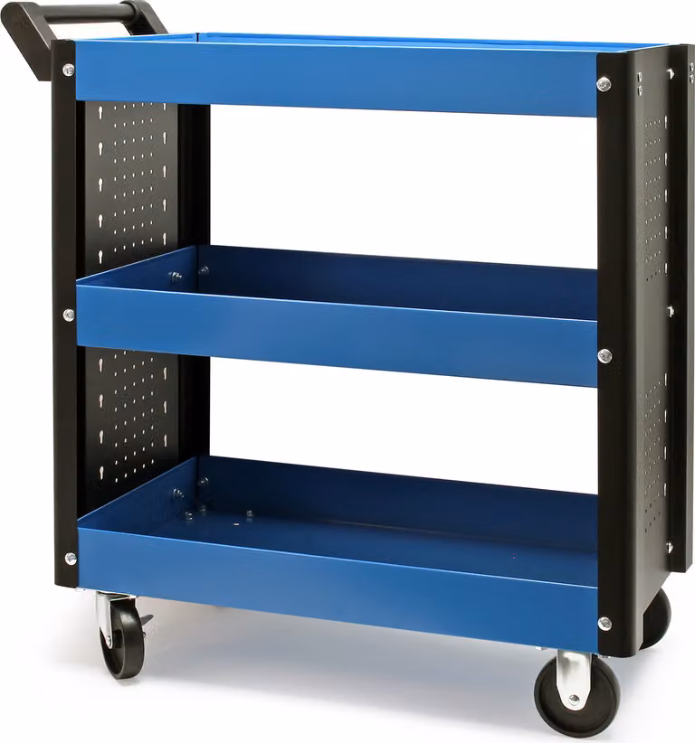 Carrello da officina Wiltec a 3 ripiani, 150 kg, 83x38x90 cm, maniglia, pneumatici in plastica, freni, ripiani con bordo rialzato, carrello portautensili, carrello su ruote