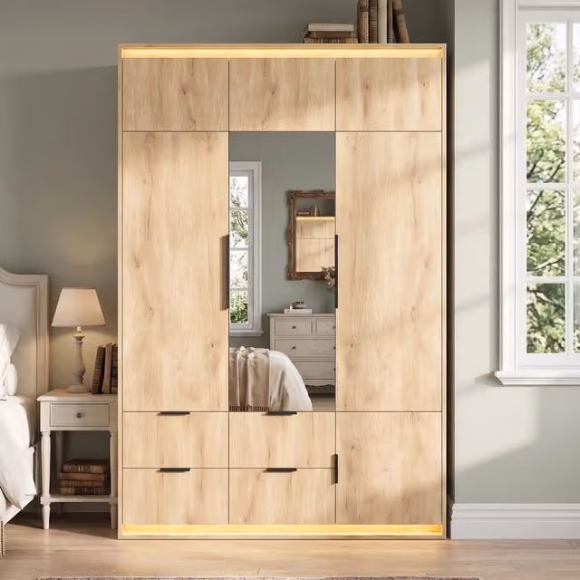 Armadio guardaroba 3 ante con specchio e LED; 135x47x200 cm; MDF effetto rovere