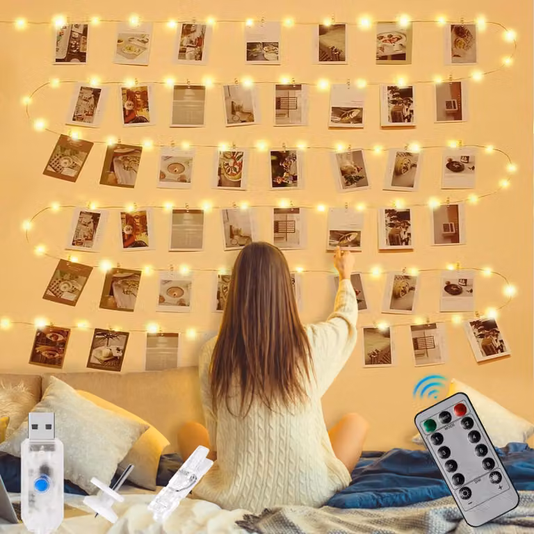 Catena luminosa a LED, 12 metri, 120 LED, alimentazione USB, con 52 clip per foto