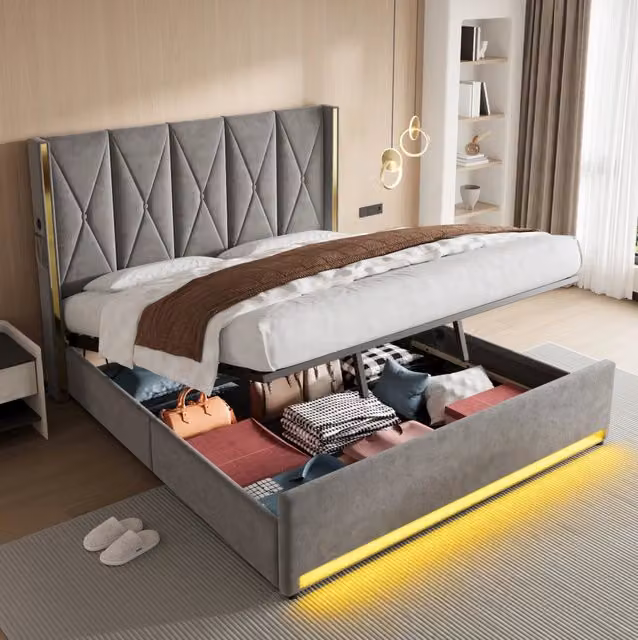 Letto contenitore in velluto grigio scuro 180x200 cm con LED, USB e Type-C