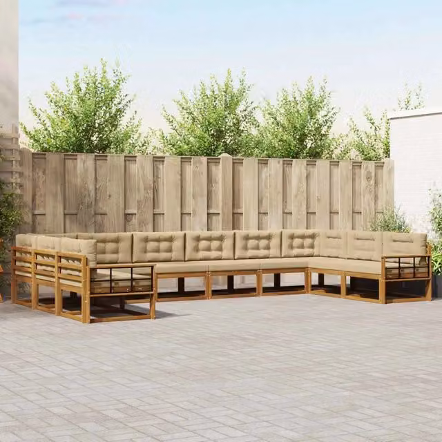 Set di divani da esterno a L vidaXL in legno di acacia con cuscini beige e sabbia – 1