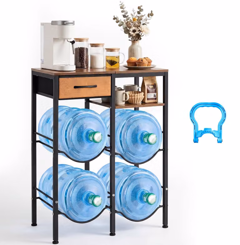 Portabottiglie per acqua - Scaffale a 4 livelli - Doppia fila - Per 4 taniche d'acqua - Con ripiano e cassetto - Autoportante, ideale per cucina e soggiorno