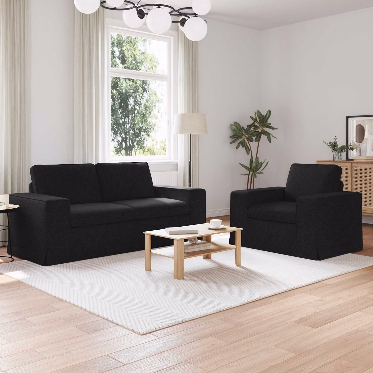 Set di 2 divani moderni vidaXL in tessuto nero con struttura in metallo L: 182 cm, P: 82 cm, H: 80 cm – 1