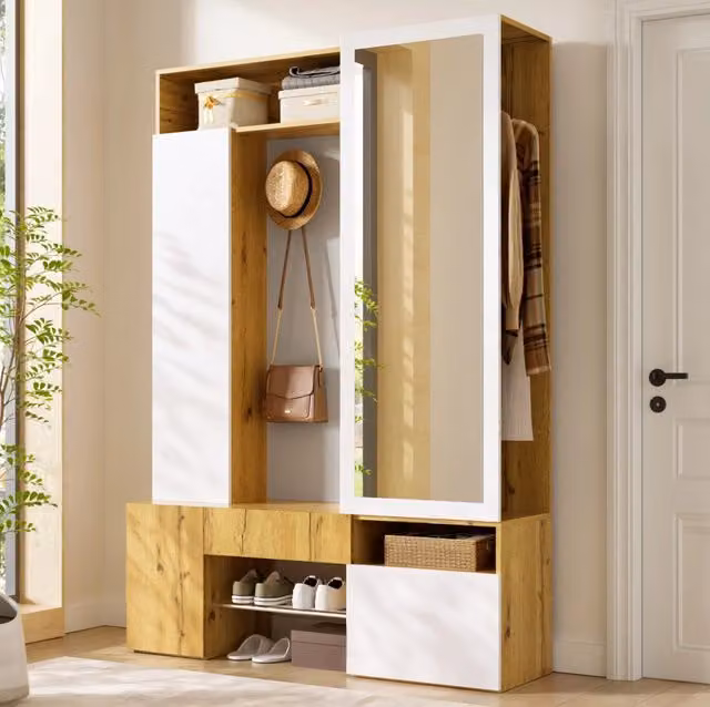 Armadio guardaroba in MDF con specchio integrato e spazio scarpe, bianco e naturale, 127x35x180,5 cm