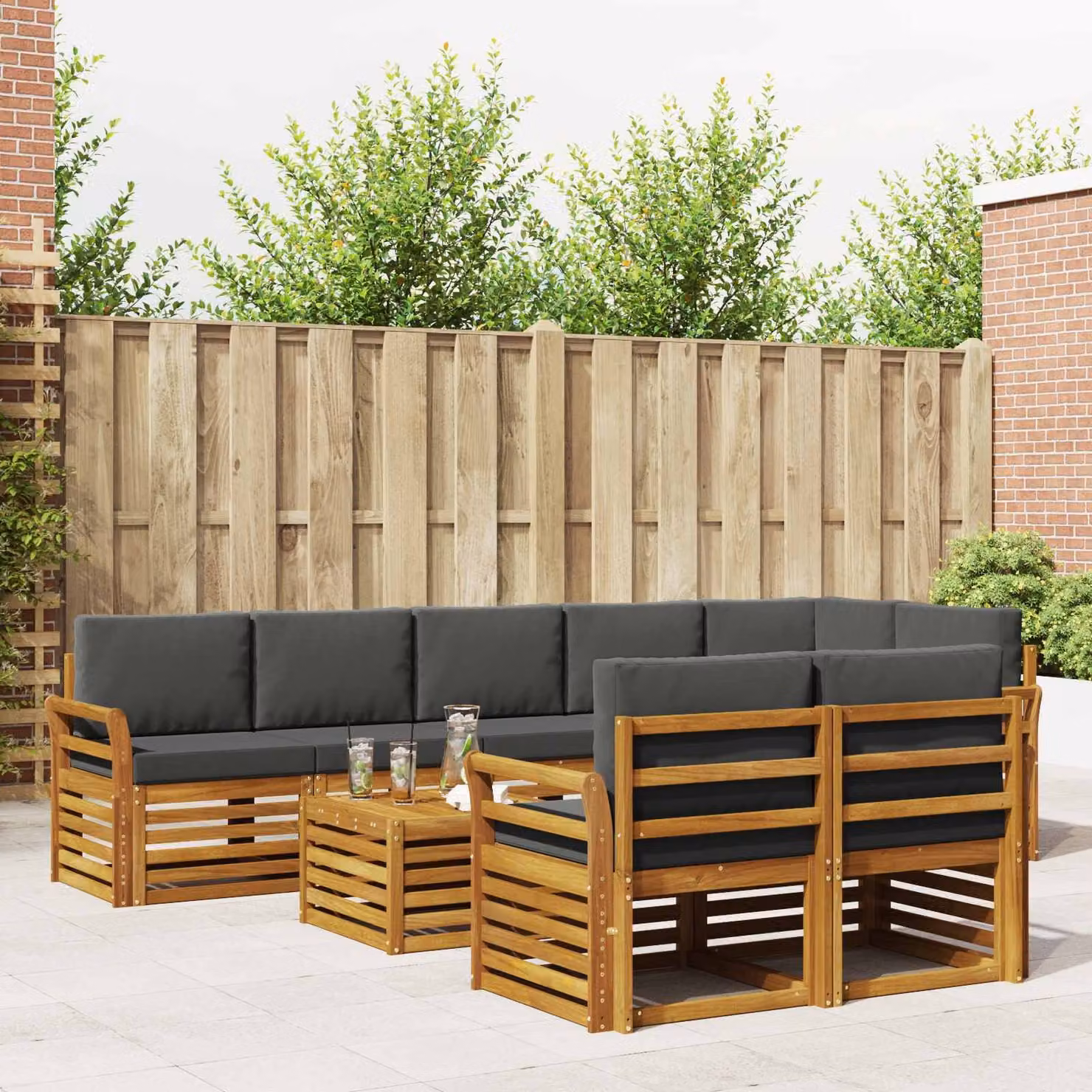 Set di divani da esterno vidaXL a forma di U composto da 9 pezzi in legno di acacia con cuscini in poliestere antracite e beige