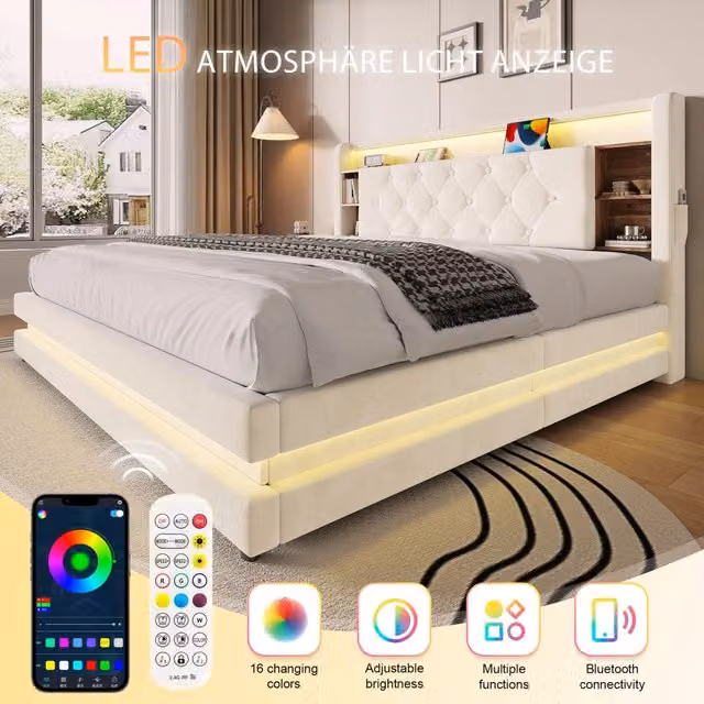 Letto contenitore Mivray in velluto beige con testiera multifunzione LED, porte USB e Type-C, L/P: 160 x 200 cm – 1