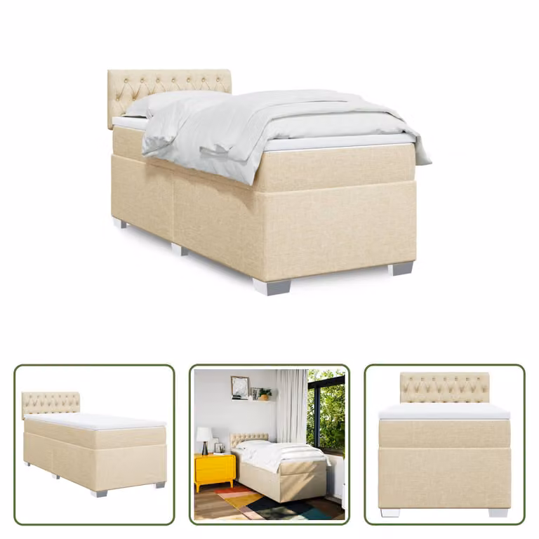 The Living Store Letto a molle con materasso crema 90x190 cm in tessuto