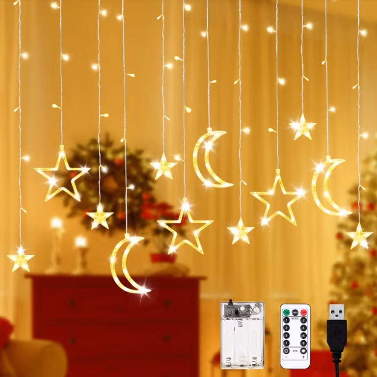 Tenda luminosa a LED, 3,5 metri, con stelle e luna, catena luminosa, decorazione natalizia, con timer e telecomando