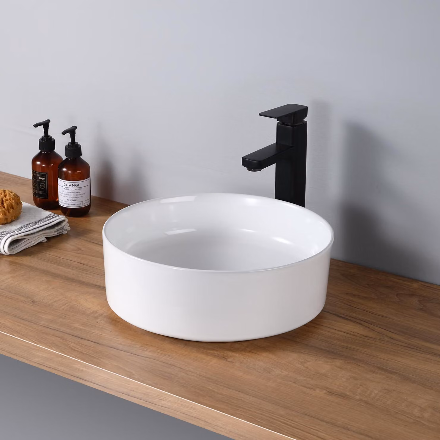 Lavabo da appoggio rotondo in Vetroceramica, diametro 46 cm, bianco, design moderno