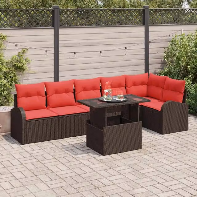 Set Divano da Giardino 7 pz 6-Numero di posti Marrone e Rosso 3348660