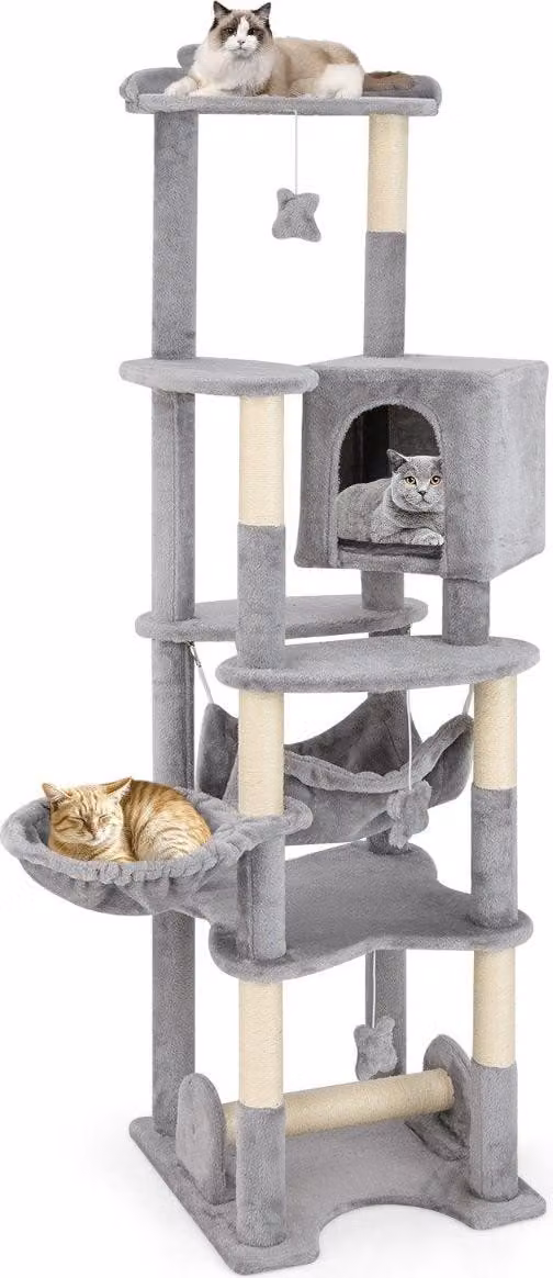 Tiragraffi in legno da 176 cm con grotta, lettino a cestino, amaca e tiragraffi in sisal