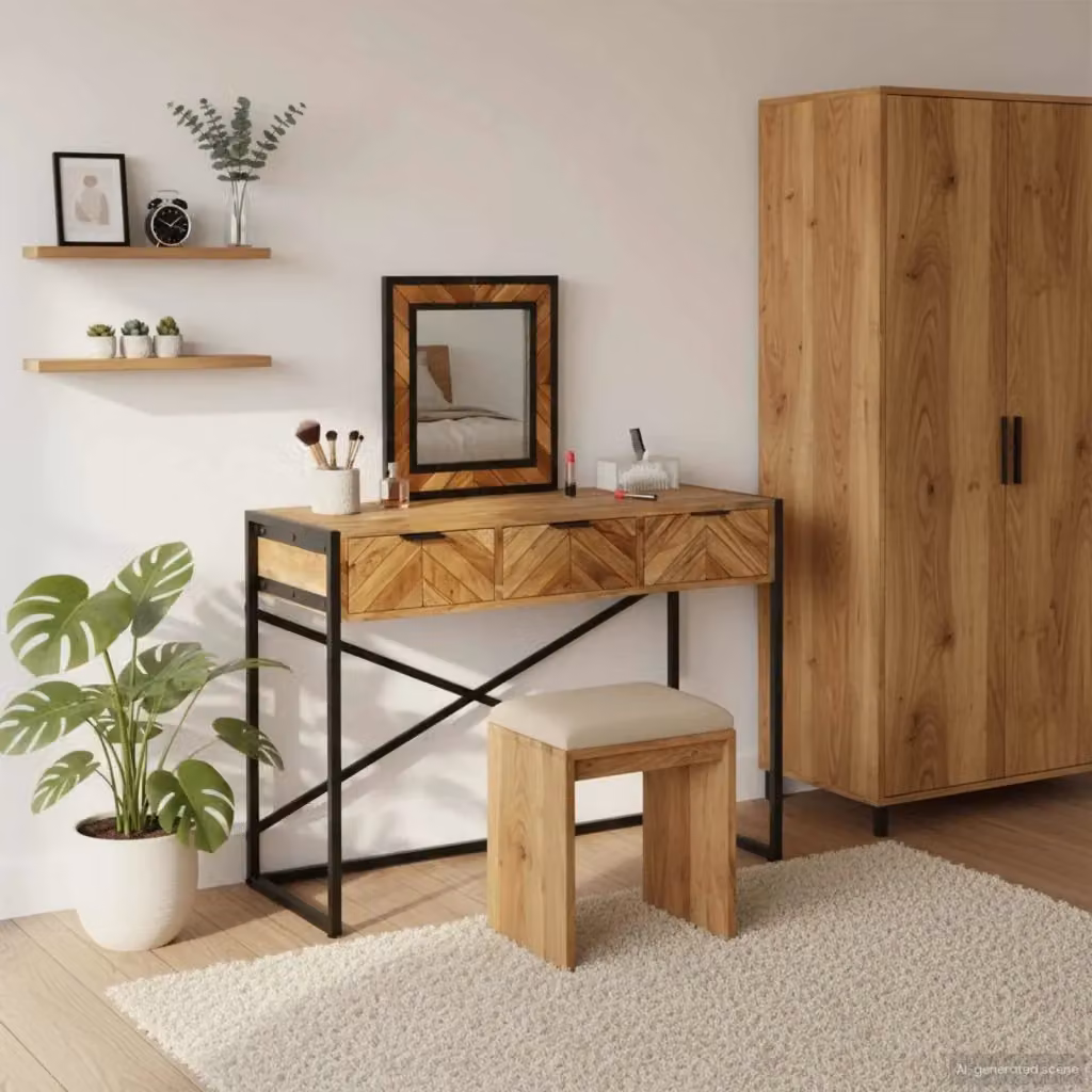 Toeletta moderna in legno di acacia e metallo con cassetto, colore marrone e nero, L: 100 cm, P: 40 cm, H: 120 cm – 2