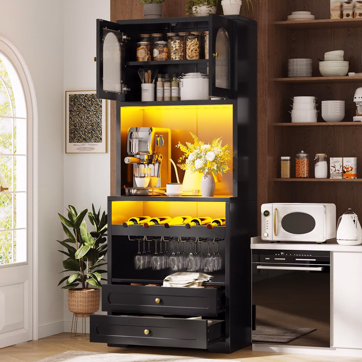 Armadio alto da 180 cm con ante in vetro bombato, illuminazione a LED, mobili da cucina con ripiani regolabili, scaffale per vini, porta USB, mobile contenitore, colore nero