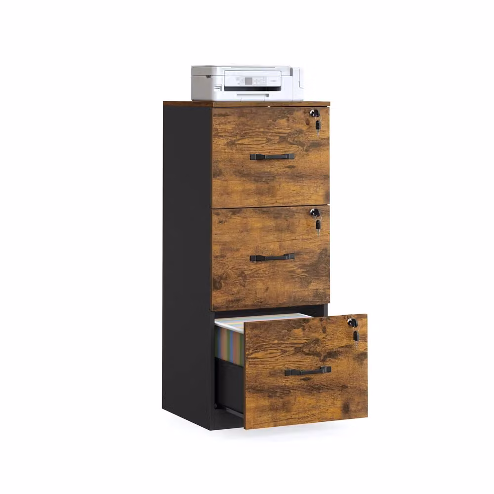Cassettiera da ufficio con ruote serratura e supporto per stampante, Marrone Vintage + Nero / 3 Cassetti(103,1H cm)