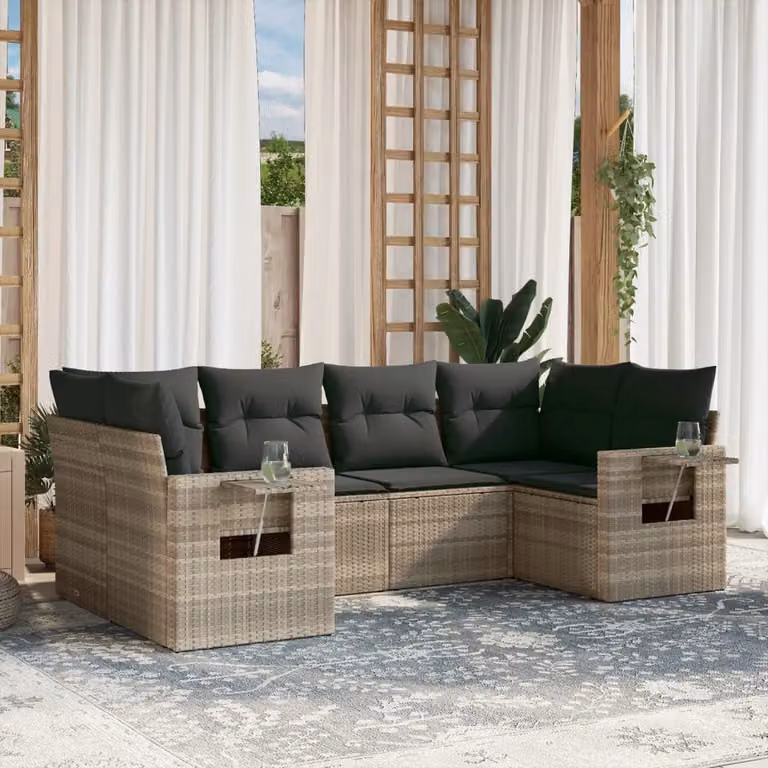 vidaXL Set Divano da Giardino a L in Polyrattan Grigio con Cuscini e Tavolino da 6 Pezzi