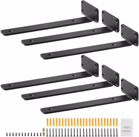 Supporti a L per mensole sospese - Dimensioni 310 x 100 x 45 mm - Acciaio, spessore 5 mm - Capacità di carico 72,6 kg - Set da 6 - colore nero
