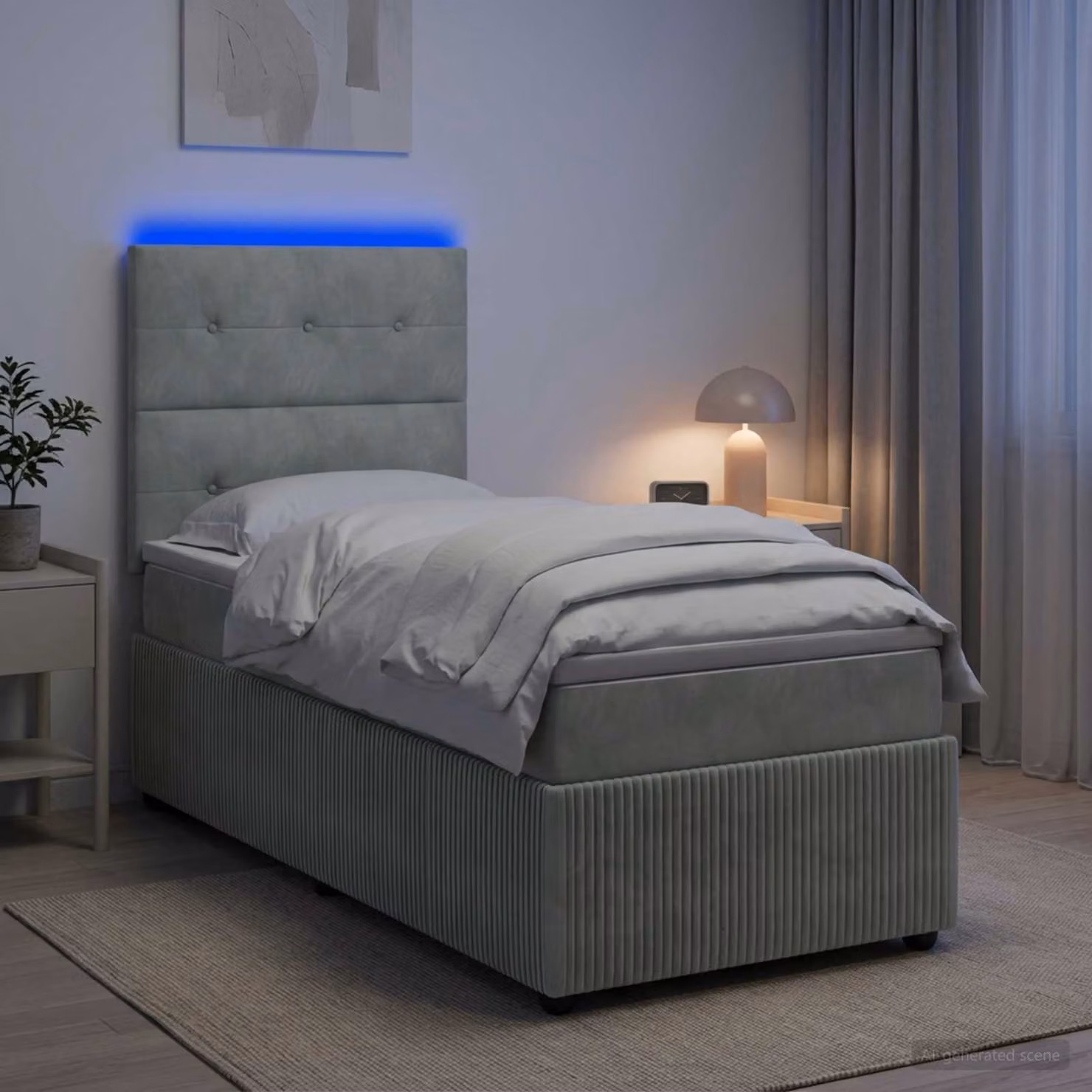 vidaXL Letto Box Spring Ibrido con Materasso in Velluto Grigio e Bianco, Illuminazione LED Sotto il Letto e Porta USB, L/P: 90 x 200 cm