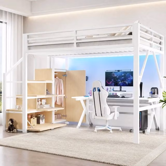 Letto a soppalco 140x200 cm con armadio; contenitori e LED; bianco
