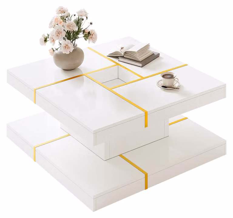 Tavolino Moonbite, a due piani, quadrato, 80 x 80 cm, tavolino da soggiorno con apertura centrale, design a gradoni, realizzato in pannello di particelle, colore bianco