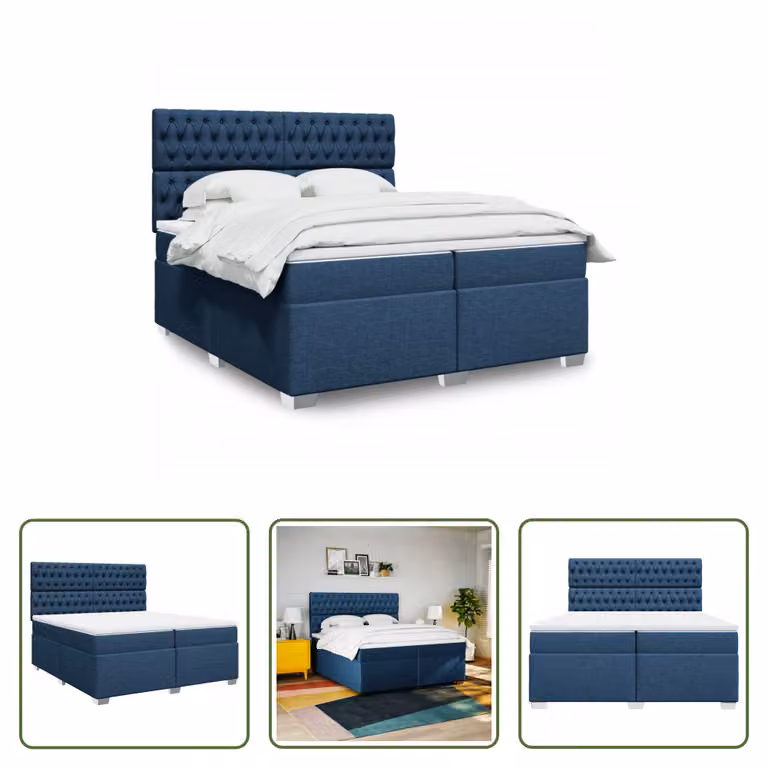 The Living Store Letto a molle con materasso blu 200x200 cm in tessuto
