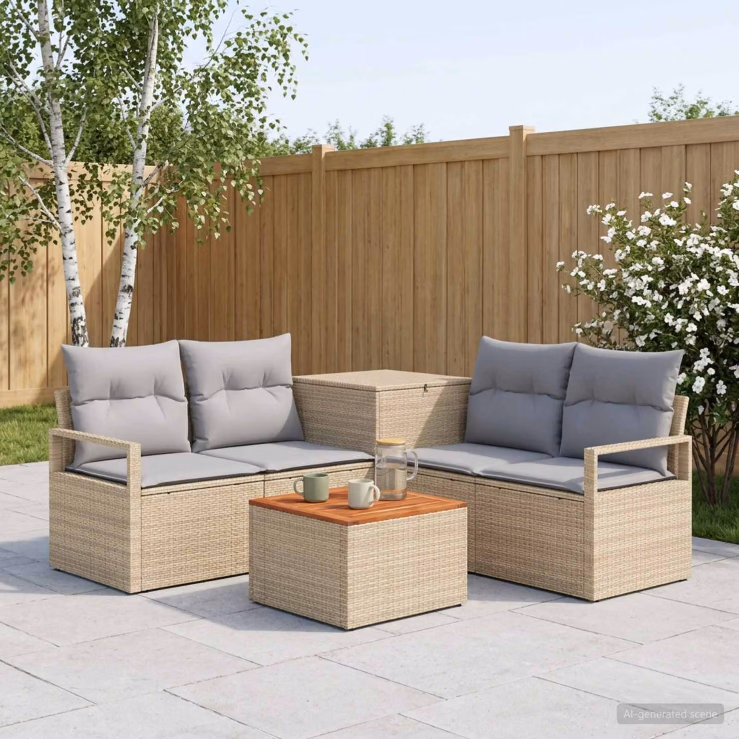 Set di divani da giardino vidaXL in polyrattan con forma a L, beige e grigio, composto da 6 pezzi con tavolino da caffè e cuscini inclusi