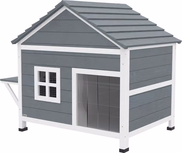 Casa per gatti in legno PawHut a 2 piani con tetto impermeabile apribile e piattaforma laterale, Grigio, L: 101 cm, P: 72,5 cm, H: 81 cm