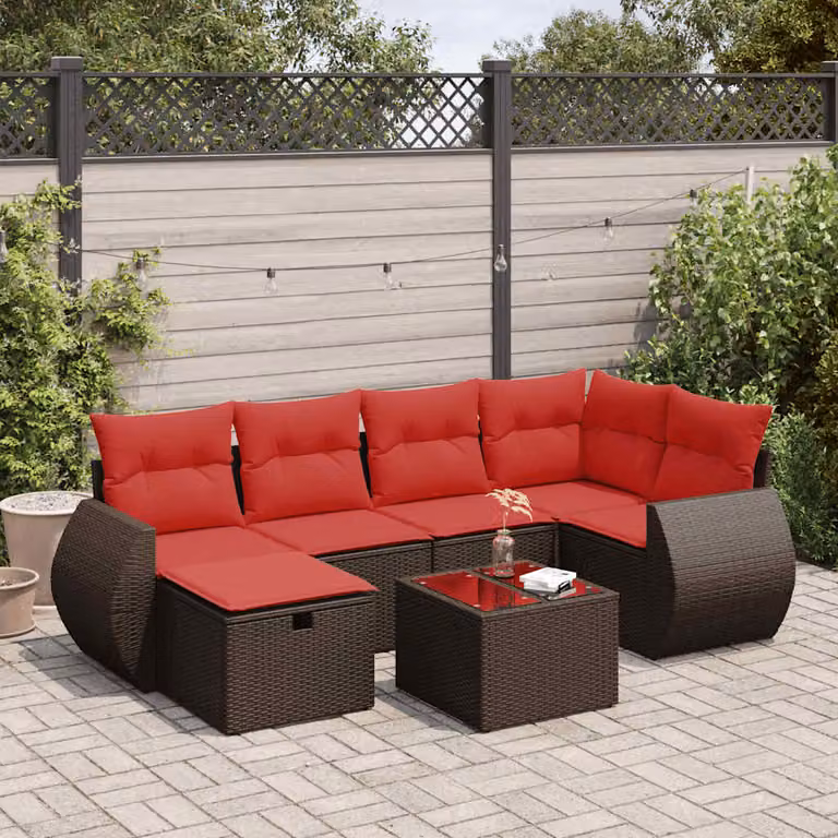 Set Divani da Giardino vidaXL 7 pz in Polyrattan Marrone con Cuscini e Tavolino per Terrazza e Balcone