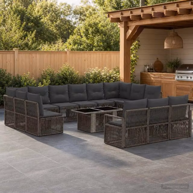 Set da giardino vidaXL in polyrattan composto da 14 pezzi con divano a 3 posti, elementi angolari e tavolino da caffè, colore grigio e antracite con cuscini inclusi