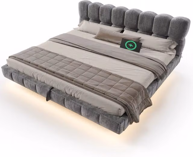 Letto matrimoniale imbottito 180x200 cm con contenitore idraulico; LED e USB-C; ciniglia grigia