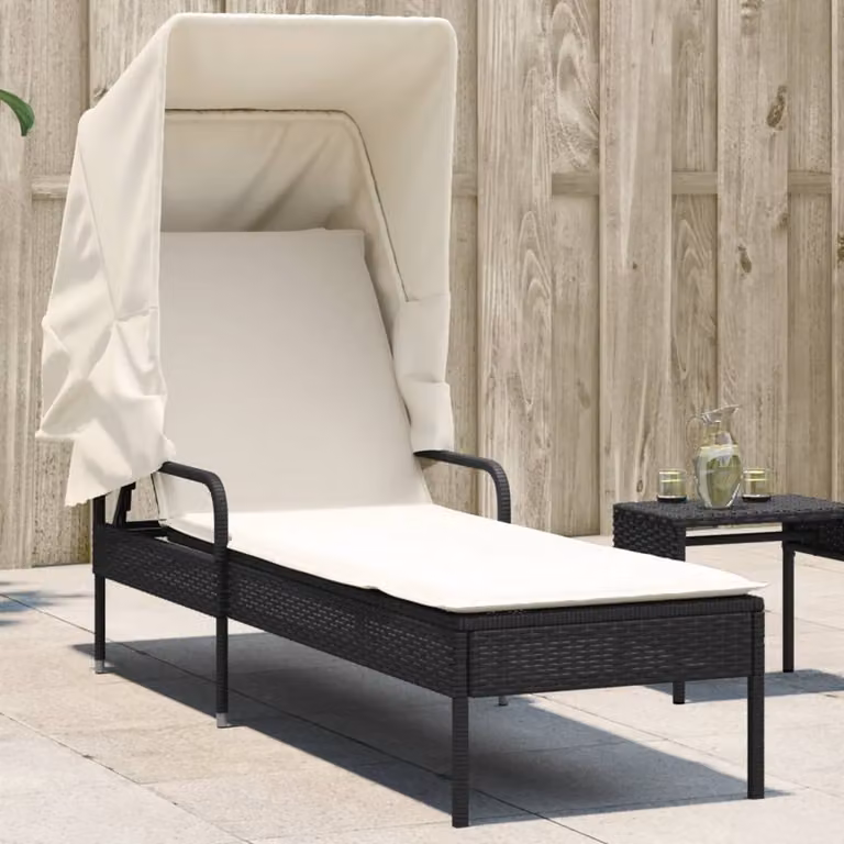 vidaXL Lettino Prendisole con Baldacchino in Polyrattan Nero e Poggiatesta Regolabile