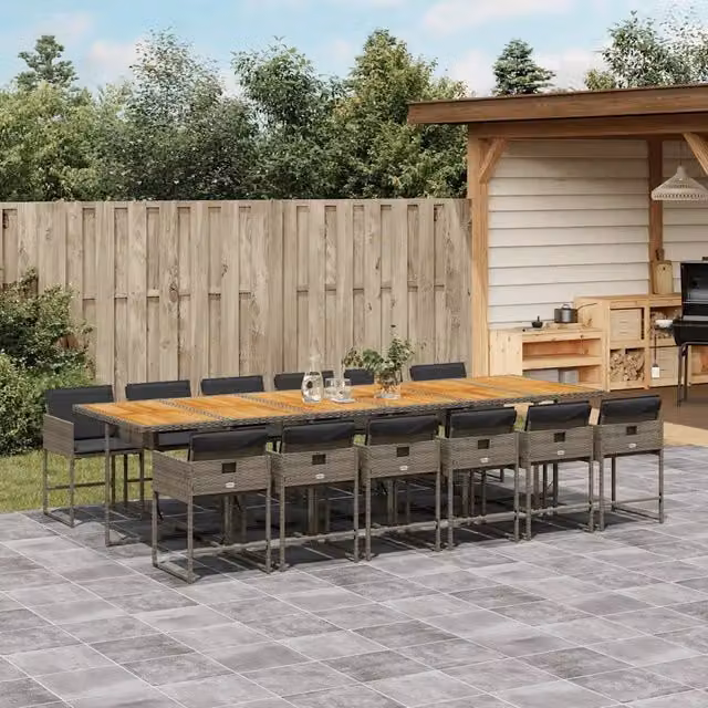 Set da pranzo da giardino vidaXL in polyrattan e legno di acacia con 13 pezzi e cuscini, grigio e marrone – 1