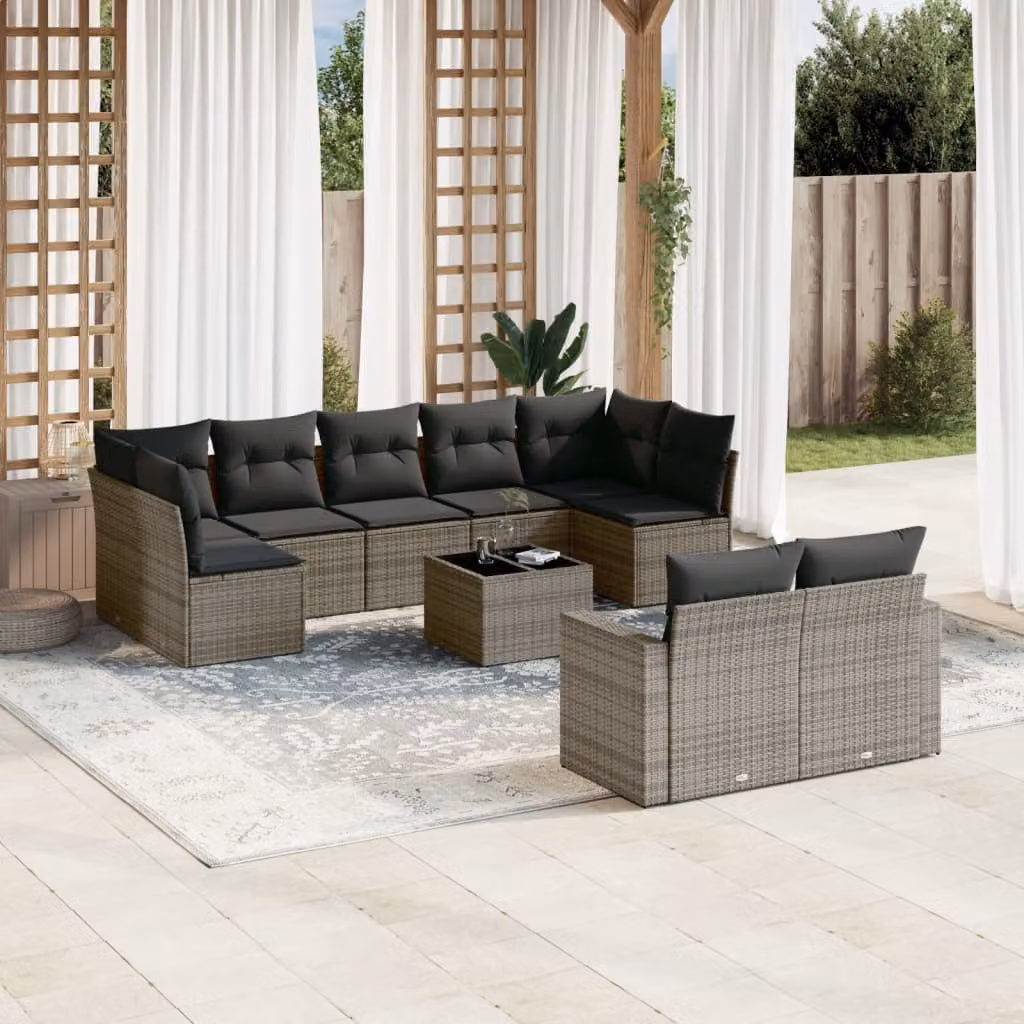 vidaXL Set Divano da Giardino a L 10 pz in Polyrattan Grigio con Cuscini e Tavolino – 1