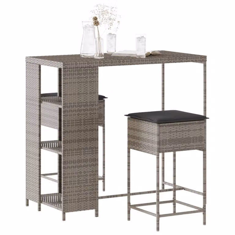 vidaXL Set Bar da Giardino 3 Pezzi in Polyrattan Grigio con Cuscini