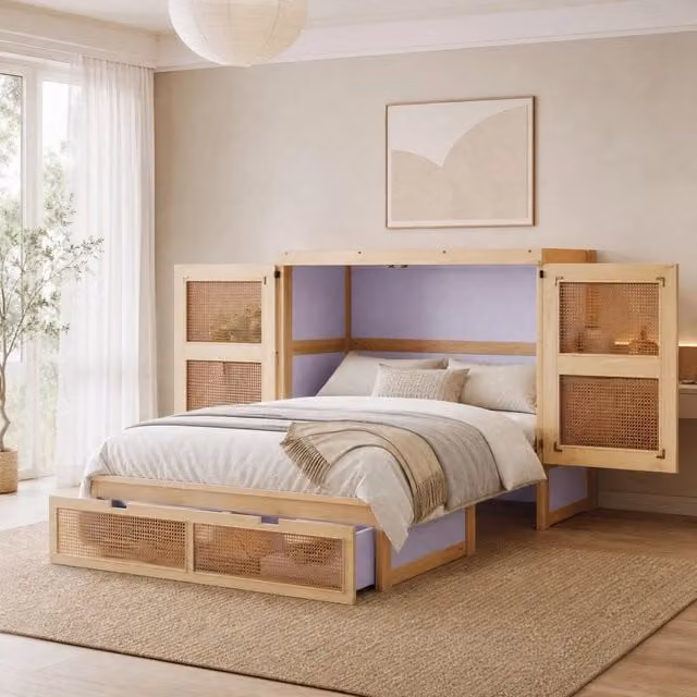 Letto a scomparsa verticale Mivray con cassetti e vano contenitore in legno color pino, beige e marrone, L/P/H: 140 x 200 x 150 cm