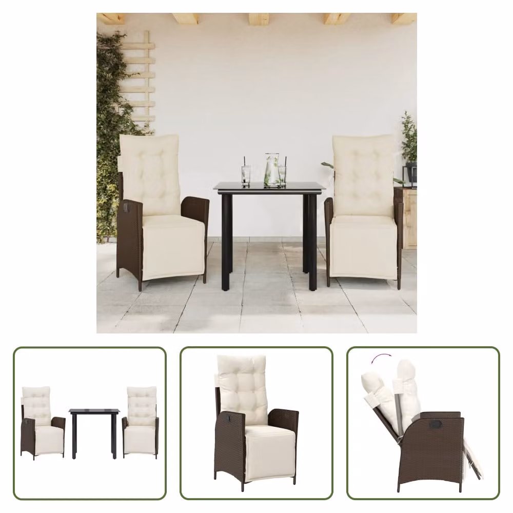 The Living Store Set da pranzo da giardino in 3 pezzi con cuscini in poly rattan marrone
